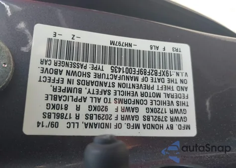 2015 Honda Civic Ex из США, поврежденный, VIN 19XFB2F89FE001435